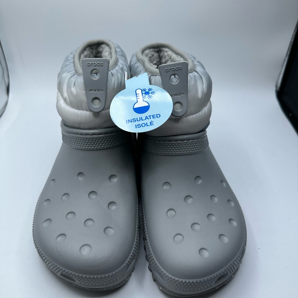Crocs Boot Women Size 6 Grey White Classic Neo Puff Shorty Ankle Lined Snow NEW